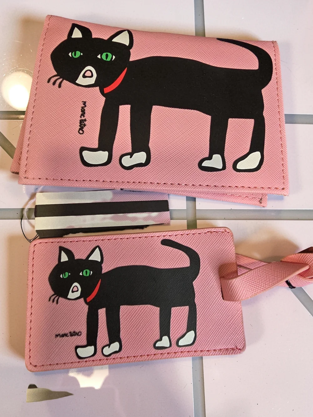 Marc Tetro 3-Piece Black Cat Pink Travel Gift Set Cosmetic Bag Card Wallet